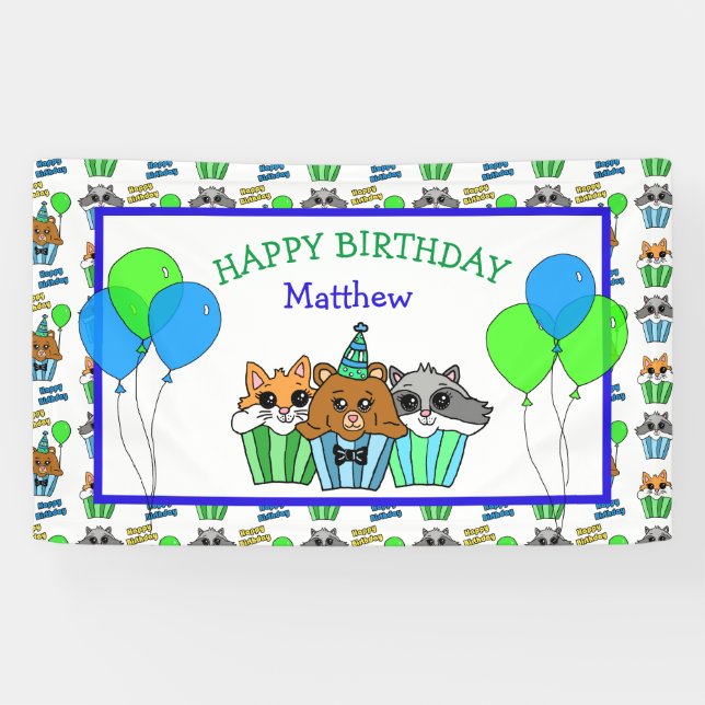 Boy's Birthday Fox, Raccoon and Bear Cupcakes Banner (Horizontal)