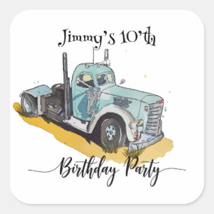 Boys Birthday Party Blue Semi Truck Square Sticker