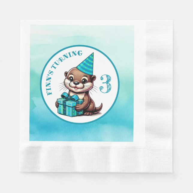 Boy's Birthday Party Otter Themed Personalized Napkin (Front)