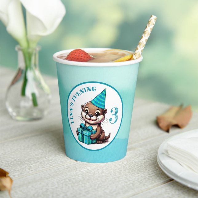 Boy's Birthday Party Otter Themed Personalized Paper Cups (Insitu)