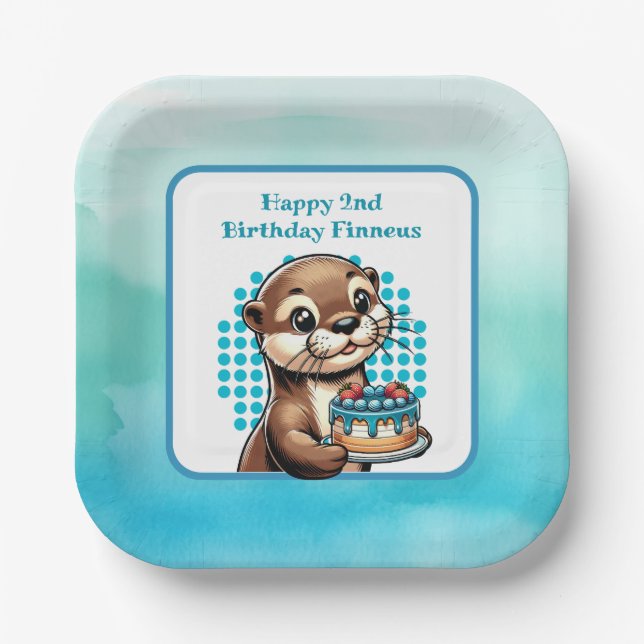 Boy's Birthday Party Otter Themed Personalized Paper Plate (Front)