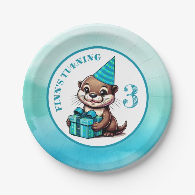 Boy's Birthday Party Otter Themed Personalized Paper Plate (Front)
