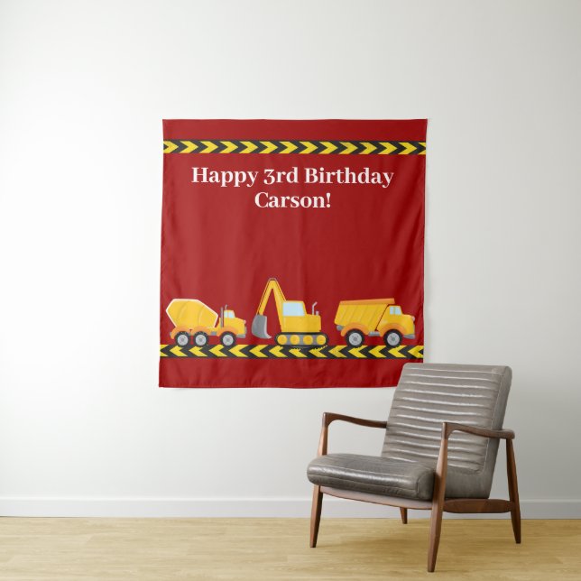Boys Birthday Party Red Construction Trucks Tapestry (In Situ)
