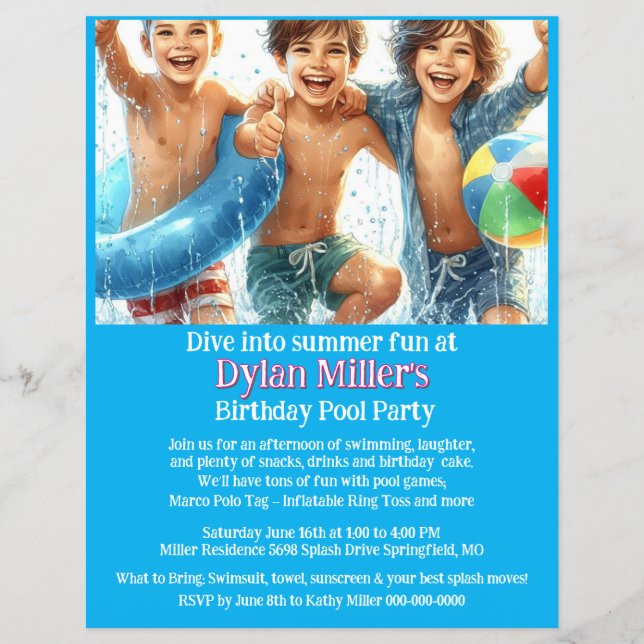 Boys Birthday Pool Party Invitation Flyer (Front)