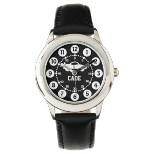 Boys black and white name wrist watch