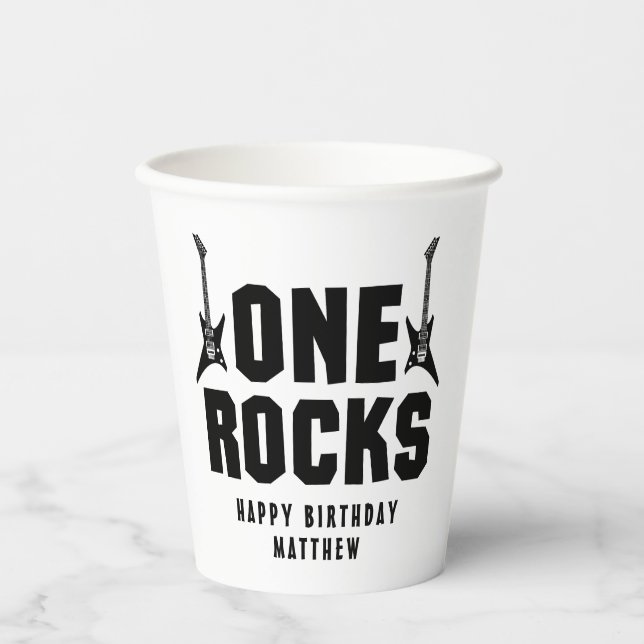 Boy's Black and White One Rocks 1st Birthday Paper Cups (Front)