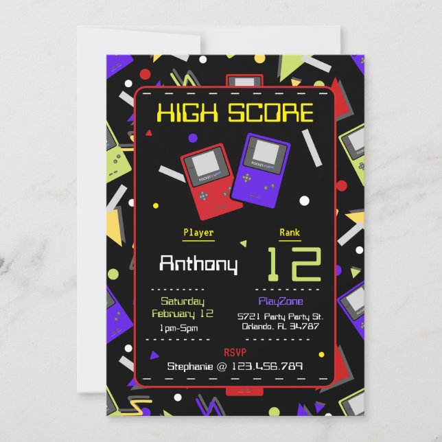 Boys Black Retro Gaming Birthday Invitation (Front)