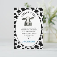 Boys Black White Cow Print Birthday Thank You Card