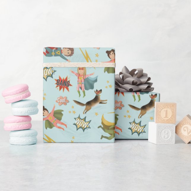 Boys Blue Action Superhero Kids Birthday Wrapping Paper (Baby Shower)