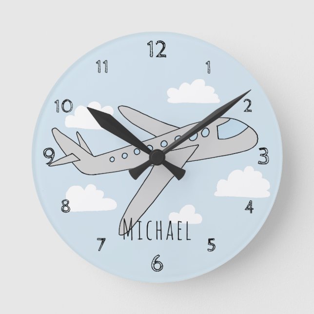 Boys Blue Airplane Travel Design with Name Round Clock (Front)