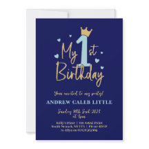 Boys blue and gold first birthday invitation