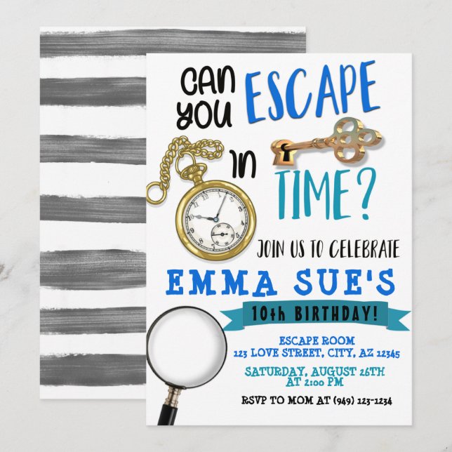 Boy's Blue and Grey Escape Room Birthday Invitation (Front/Back)