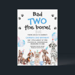 Boys Blue Bad Two The Bone Dogs 2nd Birthday  Invitation<br><div class="desc">Boys Blue Bad Two The Bone Dogs 2nd Birthday Invitation

Cute dog themed 2nd birthday invitation featuring various dogs,  balloons,  party hats and bone illustration. This bad two the bone birthday invitation also features some black paw prints.</div>