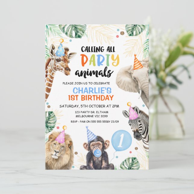 Boys Blue Balloon Safari party Animals Birthday Invitation (Standing Front)