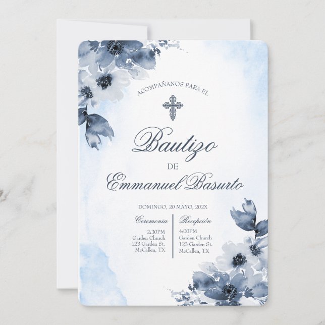 Boys blue baptism with cross  invitation (Front)