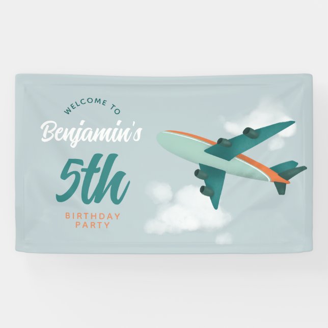 Boys Blue Blue Airplane Travel Birthday Welcome Banner (Horizontal)