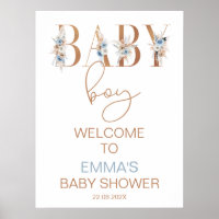 Boys Blue Boho Floral Word Baby Shower Welcome