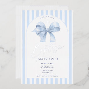 Boys Blue Bow and Stripe Baptism Invitation