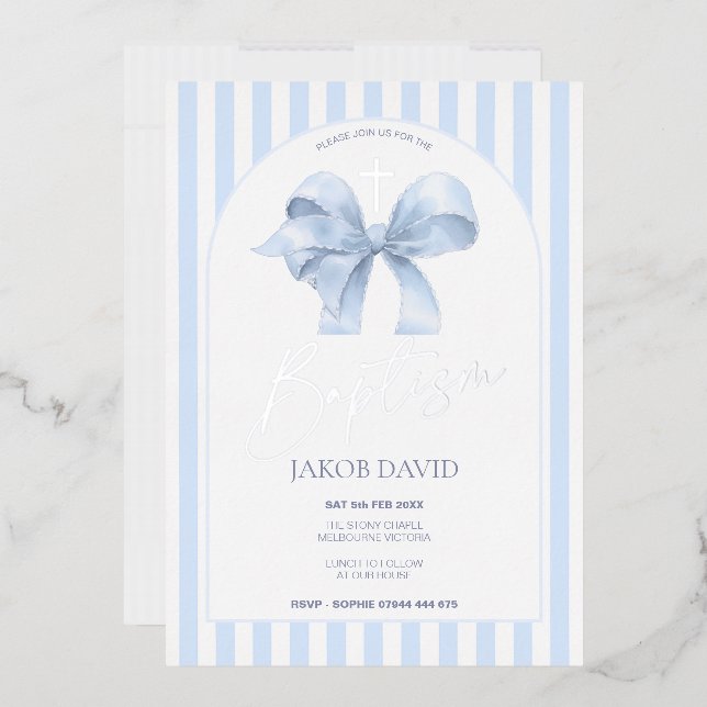 Boys Blue Bow and Stripe Baptism Invitation (Envelope)