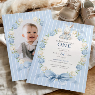 Boy's Blue Bunny First Birthday Party Photo Invitation