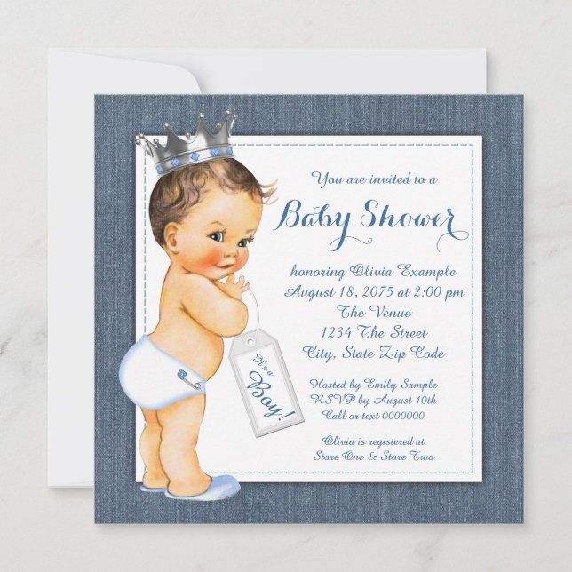 Boys Blue Denim Baby Shower Invitation (Front)