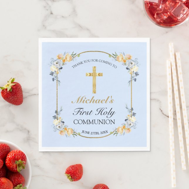 Boys Blue Floral 1st Holy Communion Napkin (Insitu)