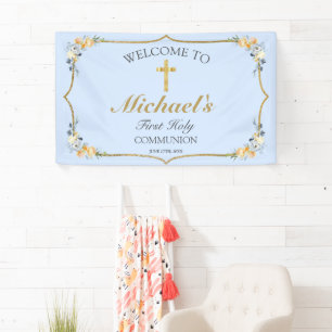 Boys Blue Floral 1st Holy Communion Welcome  Banner