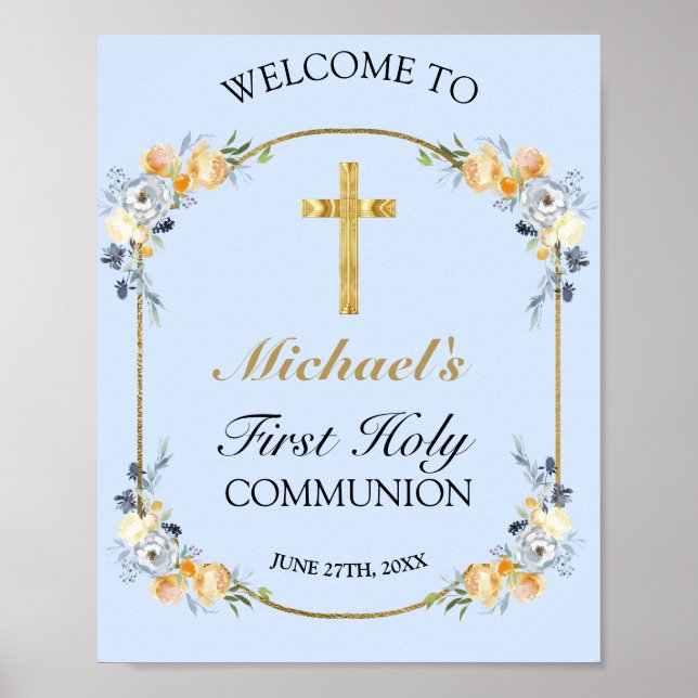 Boys Blue Floral 1st Holy Communion Welcome Sign (Front)