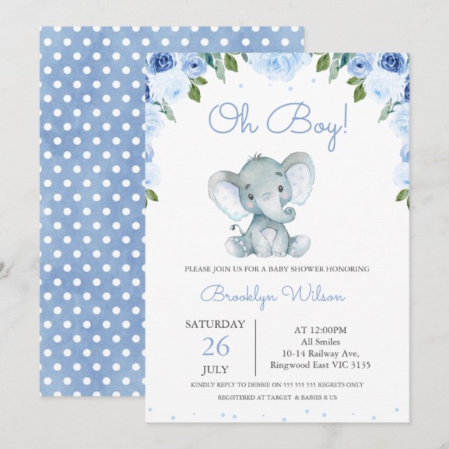 Boy's Blue Floral Elephant Baby Shower Invitation (Front/Back)