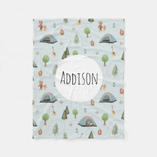 Boys Blue Forest Bear Camping Pattern Name Kids Fleece Blanket
