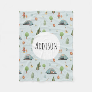 Boys Blue Forest Bear Camping Pattern Name Kids Fleece Blanket