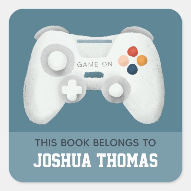 Boys Blue Gaming Kids Bookplate Library Square Sticker (Front)