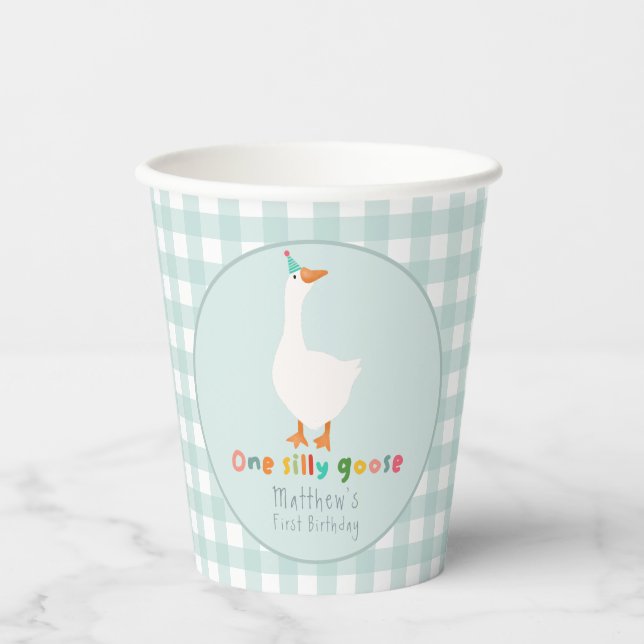 Boys Blue Gingham One Silly Goose 1st Birthday Paper Cups (Front)