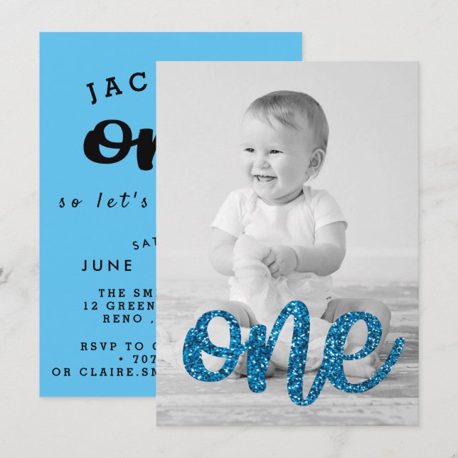 Boys Blue Glitter Photo First Birthday Invitation (Front/Back)