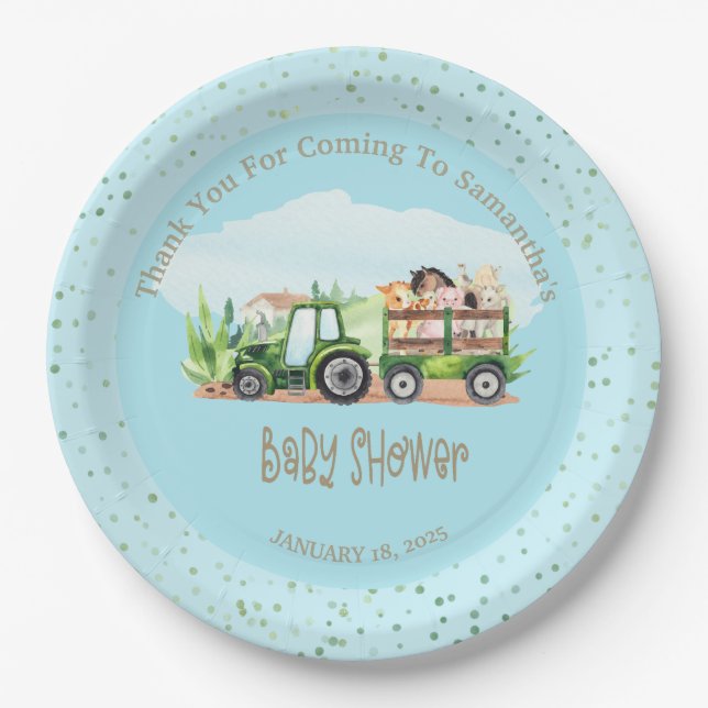 Boys Blue Green Farm Animals Tractor Baby Shower   Paper Plate (Front)