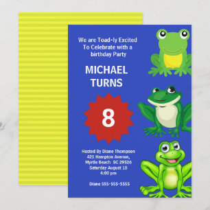 Boys Blue Green Frogs Birthday Party Any Age Invitation