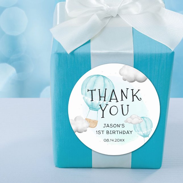 Boys Blue Hot Air Balloon 1st Birthday Thank You Classic Round Sticker (Creator Uploaded)