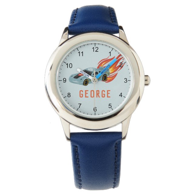 Boys Blue Hot Flames & Racing Car Kids Watch (Front)