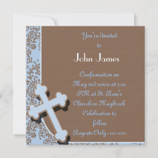 BOYS BLUE INVITATION WITH CROSS ANS DAMASK DESIGN