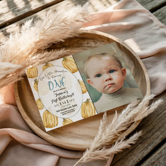 Boys Blue Little Pumpkin Fall Birthday Photo Invitation