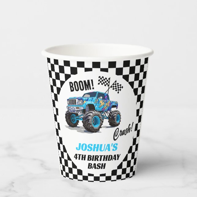 Boys Blue Monster Truck Birthday Paper Cups (Front)