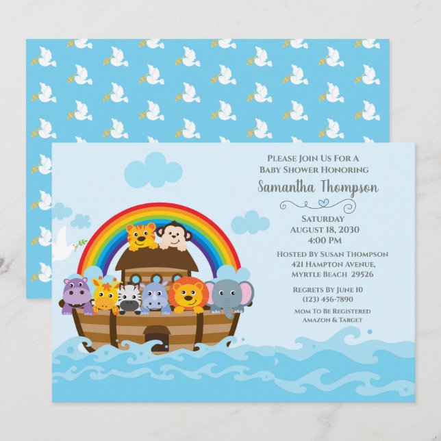 Boys Blue Noah's Ark Baby shower Invitation (Devant / Derrière)