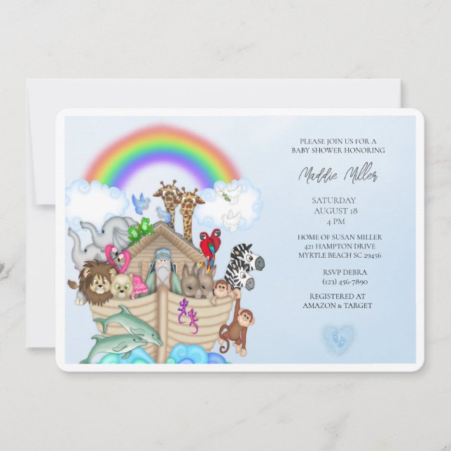 Boys Blue Noah's Ark Baby shower Invitation (Devant)