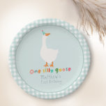 Boys Blue One Silly Goose 1st Birthday Paper Plate<br><div class="desc">This cute boys 1st birthday paper plate design features one silly goose with a blue party hat,  with matching blue gingham,  and can be personalized with your child’s name in cute and colourful typography. The perfect farm design for your little one's first birthday!</div>