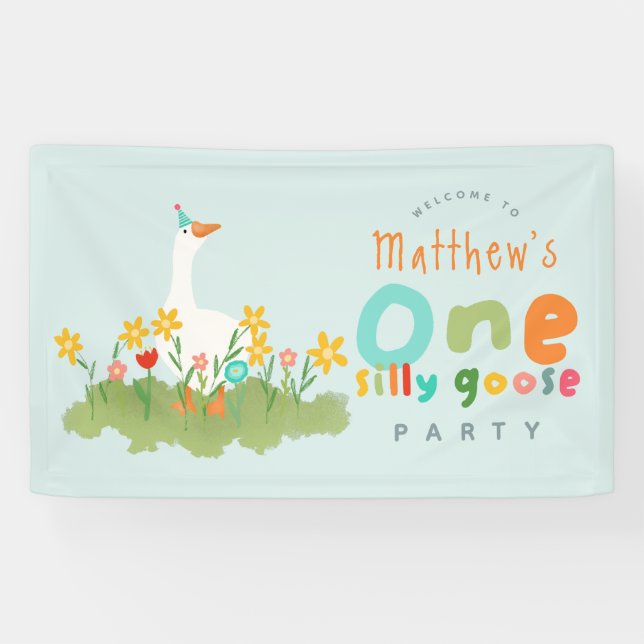 Boys Blue One Silly Goose 1st Birthday Welcome Banner (Horizontal)