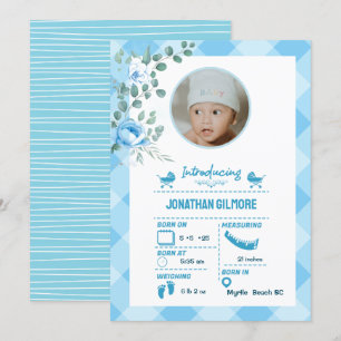Boys Blue Photo Birth Stats Faire-part