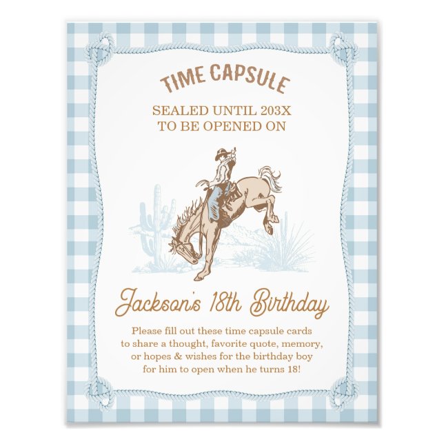 Boys Blue Plaid Cowboy 1st Rodeo Time Capsule Sign (Front)