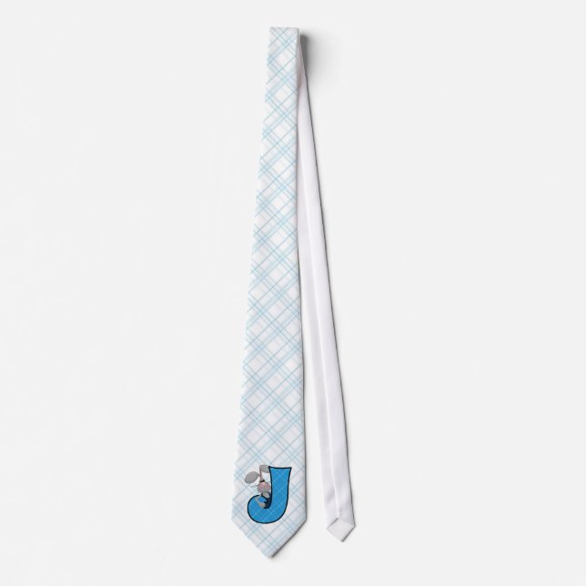 Boy's Blue Plaid Jackrabbit Monogram Letter J Tie (Front)