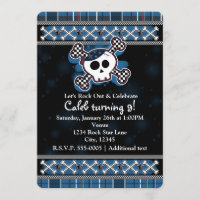 Boys Blue Plaid Skull Crossbones Party Invitations