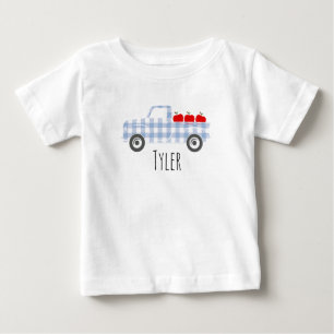 Boys Blue Plaid Truck with Apples Personalized Baby T-Shirt